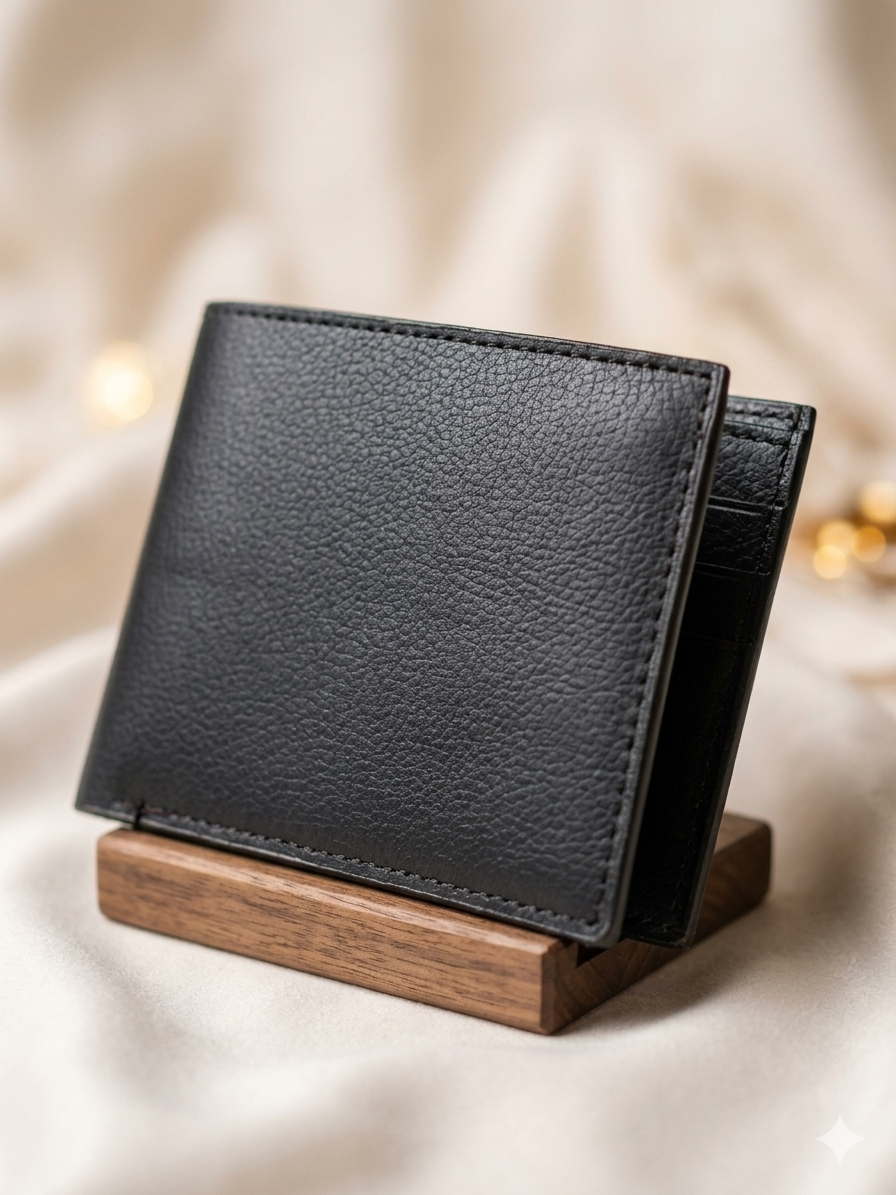 Classic black pebbled leather bifold wallet displayed on a wooden stand against a cream silk background