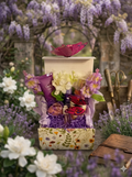 Wisteria Garden Wonderful Spa Gift Box in botanical wildflower box with body lotion, gold shimmer mist, soy candle, Rosinen chocolates, pink butterfly accent and silk flowers with purple crinkle paper in a wisteria garden setting