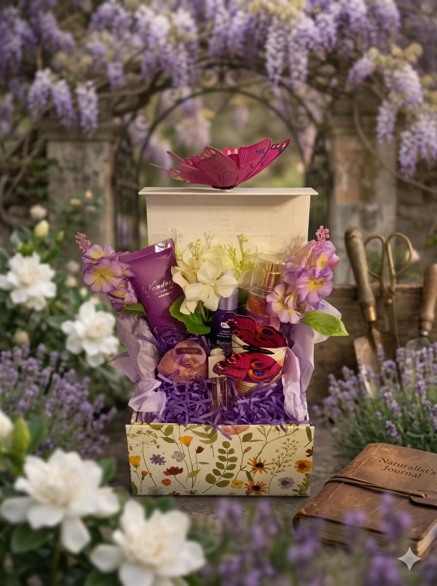 Wisteria Garden Wonderful Spa Gift Box in botanical wildflower box with body lotion, gold shimmer mist, soy candle, Rosinen chocolates, pink butterfly accent and silk flowers with purple crinkle paper in a wisteria garden setting