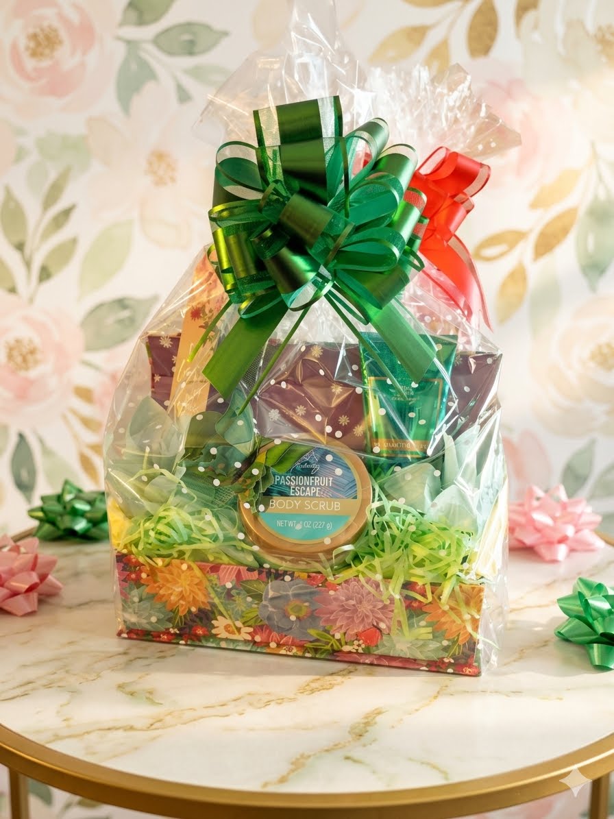 Passionfruit Escape Spa Gift Basket in floral gift box with green pull bow and clear cellophane wrap featuring passionfruit body scrub and assorted spa products