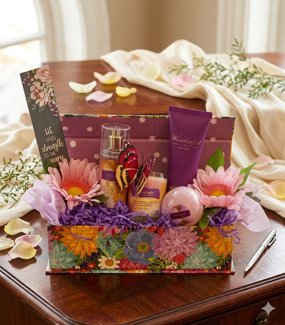 He Gives Strength to the Weary Wonderful Spa Gift Set with gold shimmer mist, body lotion, soy candle, bath bomb, inspirational card and golden butterfly in vibrant floral gift tray with silk gerbera daisies and purple crinkle paper