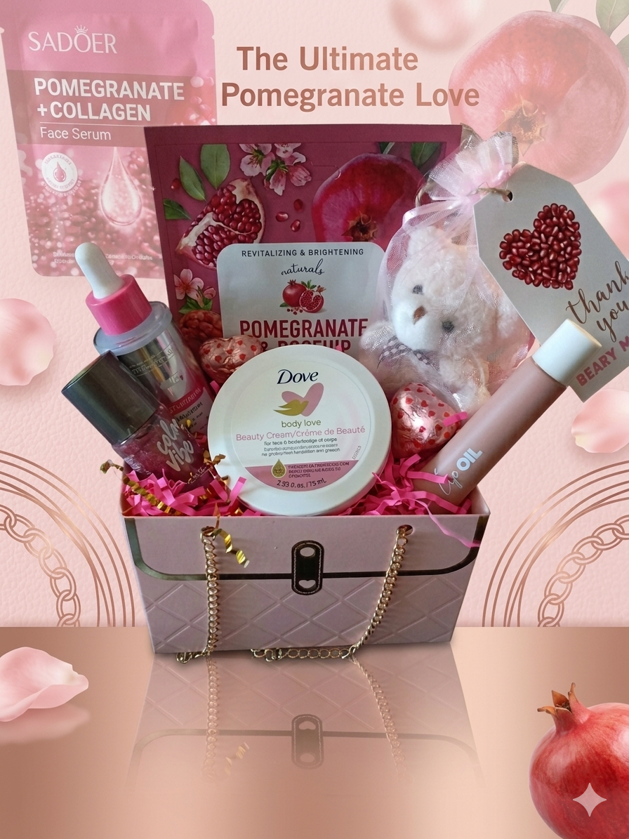 The Ultimate Pomegranate Love Gift Set in blush pink quilted purse box with pomegranate serum, face mask, Dove cream, teddy bear and lip oil