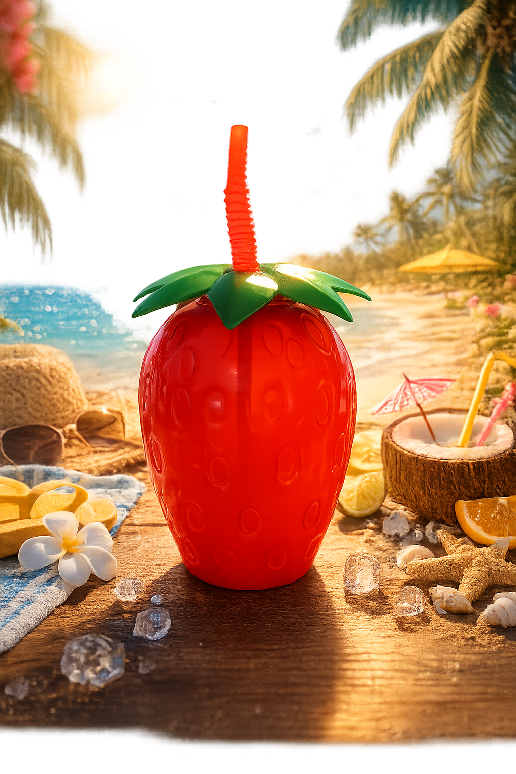 Red strawberry-shaped tumbler cup with green leaf lid and orange straw on a tropical beach setting