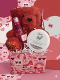 You're the Cat's Meow Love Gift Set with red teddy bear, Jeanette Blushing Rose body mist, Dove beauty cream and heart strawberry treat in love-themed gift box