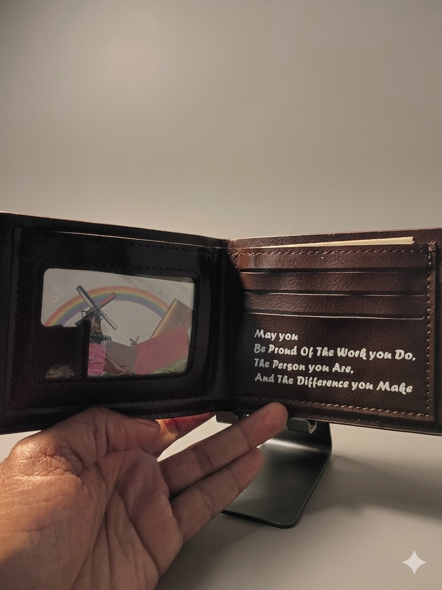 Inside view of brown leather bifold wallet showing clear photo ID window and inspirational message: May you be proud of the work you do, the person you are, and the difference you make