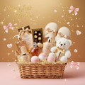 Luxurious custom gift basket with body wash, lotion, slippers, chocolates, candle and more on a pink and gold background