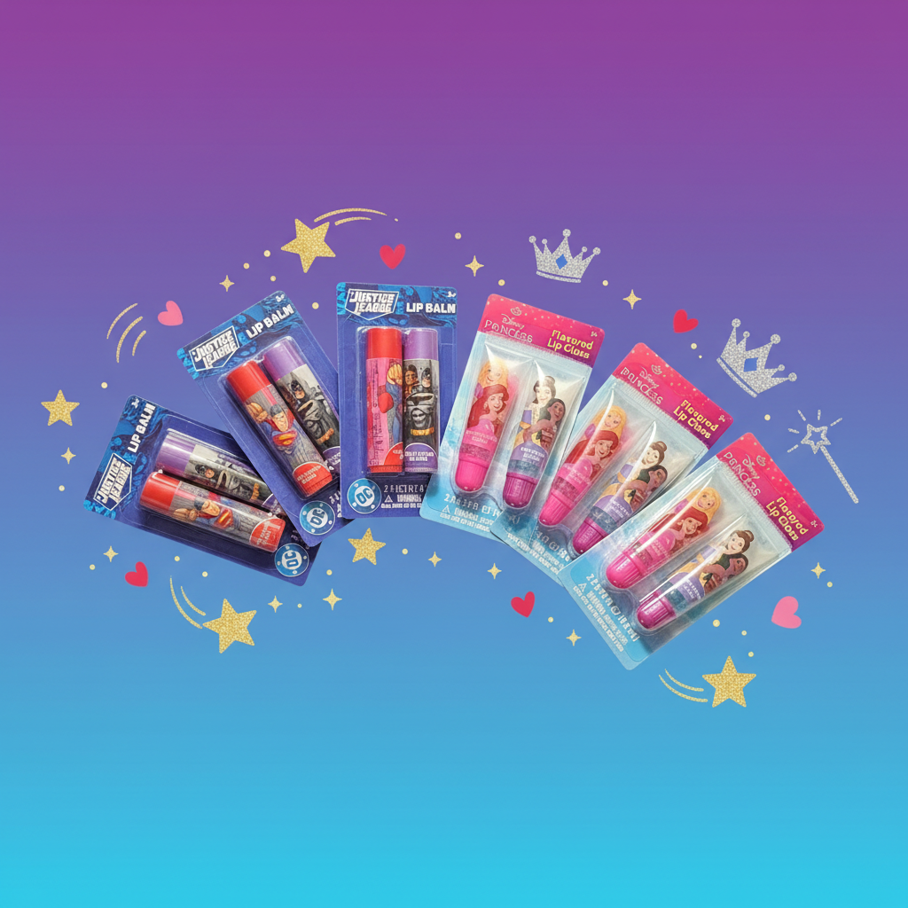 DC Justice League and Disney Princess lip balm and lip gloss advertisement