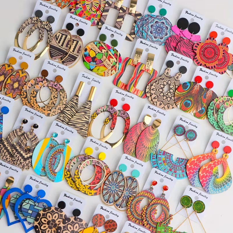 Collection of colorful bohemian wooden fashion earrings in various patterns and styles