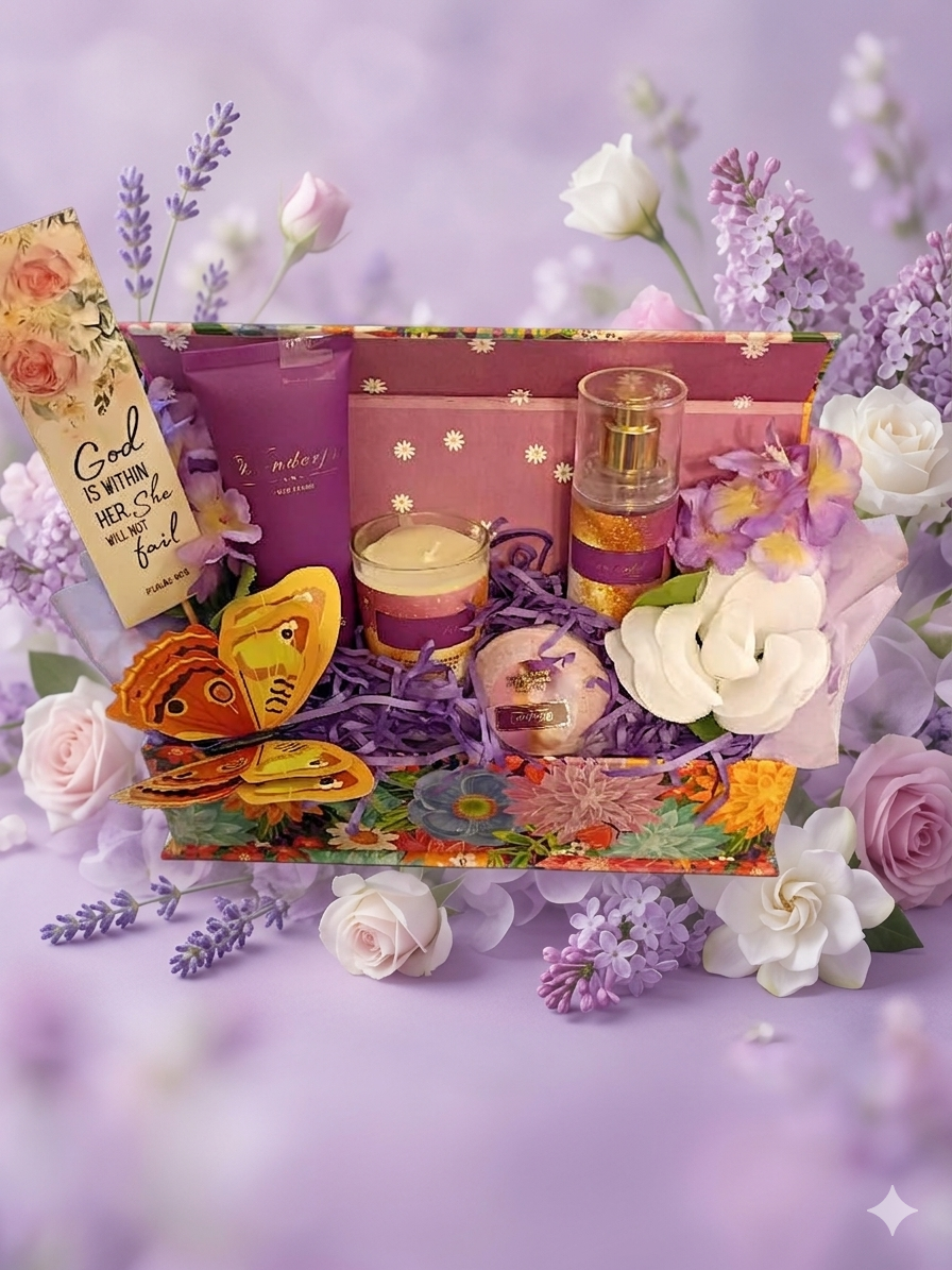 God Is Within Her Lavender Spa Gift Box with inspirational bookmark, body lotion, soy candle, gold shimmer mist, bath bomb and butterfly card in floral gift box surrounded by lavender and white roses